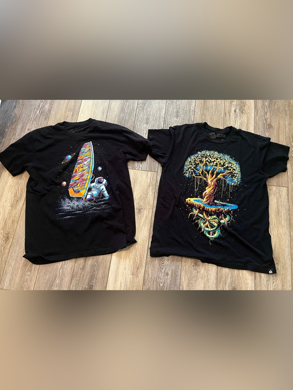 2 INTO THE AM! Men's Black Graphic Short Sleeve Tee with Astronaut & Tree Art